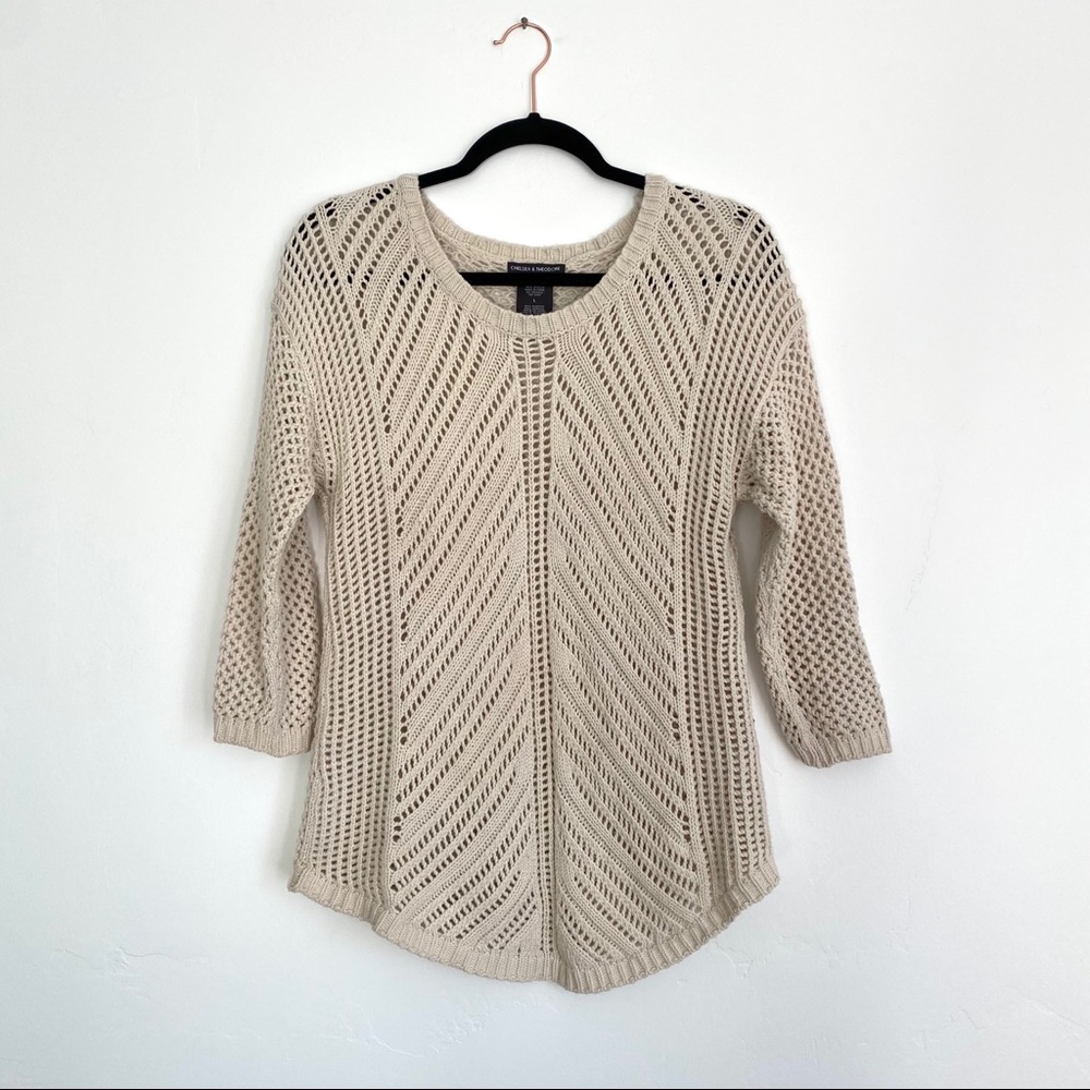 Chelsea & Theodore Beige Cream Open Knit 3/4 Sleeve Crewneck Round Hem Sweater